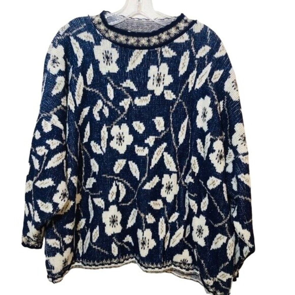 Vintage Trimmings Womens Sweater Pullover Knit Floral Made in‎ USA Blue White XL